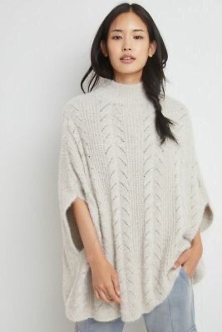 Akemi + Kin Pointelle Oversized Mock Neck Poncho Sweater One Size Ivory Knit